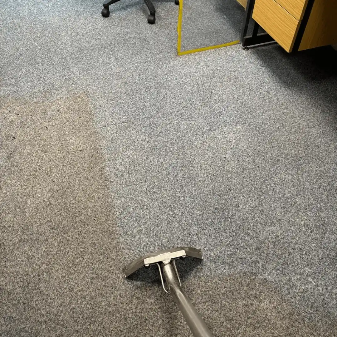 Cleaning wand leaving a clean stripe across a grey commercial carpet
